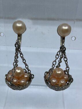 Vtg pink faux pearl basket bird's nest dangle Miriam Haskell style earrings